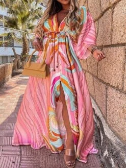 Women's Plus Size Curve Casual Dress Swing Dress Leopard Maxi Long Dress Long Sleeve High Split Shirt Collar Fashion Holiday Light Pink Pink Summer Spring L XL XXL 3XL