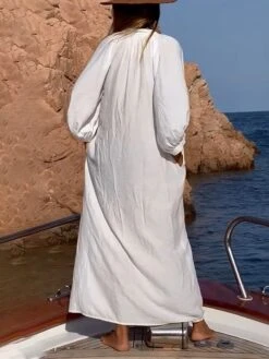 Women's Casual Dress Cotton Dress Shift Dress Maxi Long Dress Cotton Fashion Daily Outdoor Daily Vacation Stand Collar Button Pocket 3/4 Length Sleeve Fall Autumn 2023 Loose Fit White Plain S M L XL 5 Women's Casual Dress Cotton Dress Shift Dress Maxi Long Dress Cotton Fashion Daily Outdoor Daily Vacation Stand Collar Button Pocket 3/4 Length Sleeve Fall Autumn 2023 Loose Fit White Plain S M L XL -Cheap Plus Fit Dress Store fizkxe1692956029997