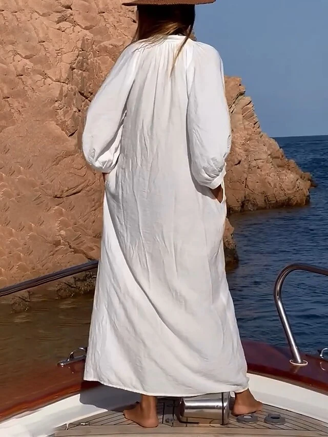 Women's Casual Dress Cotton Dress Shift Dress Maxi Long Dress Cotton Fashion Daily Outdoor Daily Vacation Stand Collar Button Pocket 3/4 Length Sleeve Fall Autumn 2023 Loose Fit White Plain S M L XL 3 Women's Casual Dress Cotton Dress Shift Dress Maxi Long Dress Cotton Fashion Daily Outdoor Daily Vacation Stand Collar Button Pocket 3/4 Length Sleeve Fall Autumn 2023 Loose Fit White Plain S M L XL - Image 3