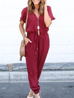 Black Jumpsuit For Women Lace Up Patch PocketSolid Color V Neck Streetwear Daily Vacation Loose Fit Short Sleeve Wine Blue S M L Spring -Cheap Plus Fit Dress Store fjasqg1676363687312