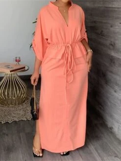 Women‘s Plus Size Curve Casual Dress Solid Color Long Dress Maxi Dress 3/4 Length Sleeve Lace Up Button V Neck Fashion Daily Camel Black Spring Summer L XL XXL 3XL 8 Women‘s Plus Size Curve Casual Dress Solid Color Long Dress Maxi Dress 3/4 Length Sleeve Lace Up Button V Neck Fashion Daily Camel Black Spring Summer L XL XXL 3XL -Cheap Plus Fit Dress Store fjhact1677060515338