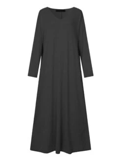 Women‘s Plus Size Casual Dress Caftan Dress Solid Color V Neck Long Sleeve Winter Fall Basic Casual Maxi Long Dress Daily Vacation Dress -Cheap Plus Fit Dress Store fjirtg1666342641614