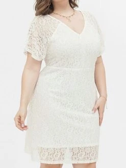 Women's Plus Size Party Dress Lace Dress Cocktail Dress Midi Dress White Short Sleeve Pure Color Lace Spring Fall Winter V Neck Fashion Birthday Wedding Guest Vacation 2023 XL XXL 3XL 4XL -Cheap Plus Fit Dress Store fkpdhx1693535468350
