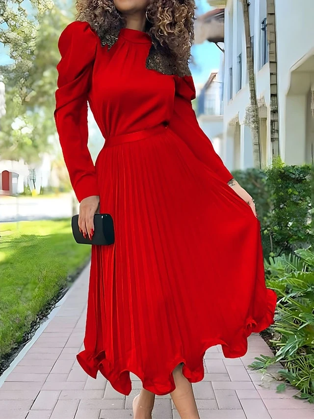 Women's Two Piece Dress Set Party Dress Skirt Set Party Wedding Guest Fashion Party Pleated Ruffle Midi Dress Stand Collar Long Sleeve Plain Loose Fit White Yellow Red Fall Winter S M L XL XXL 5 Women's Two Piece Dress Set Party Dress Skirt Set Party Wedding Guest Fashion Party Pleated Ruffle Midi Dress Stand Collar Long Sleeve Plain Loose Fit White Yellow Red Fall Winter S M L XL XXL - Image 5