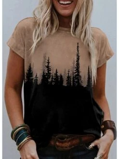 Women's T Shirt Tee Blue Khaki Gray Graphic Scenery Print Short Sleeve Daily Weekend Basic Round Neck Regular Fit Painting