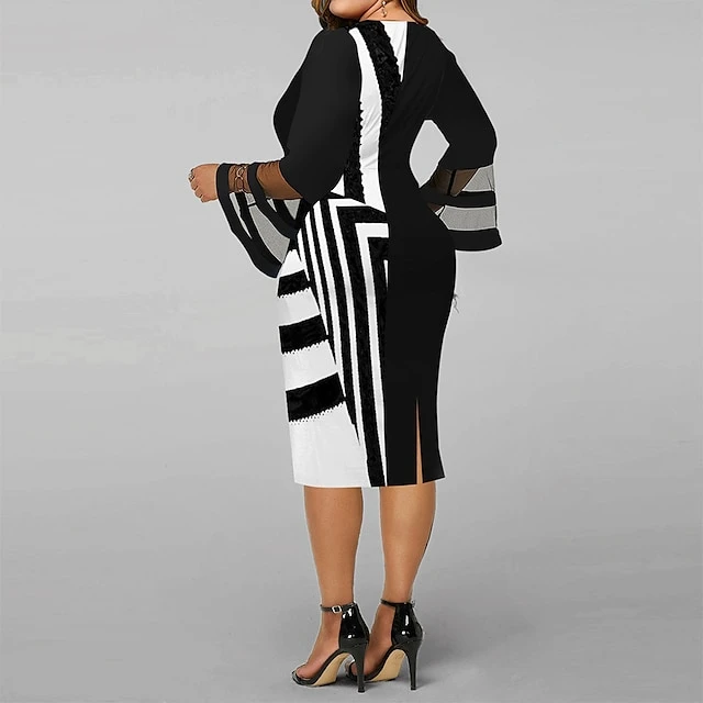 Women's Plus Size Curve Party Dress Geometric V Neck Long Sleeve Fall Winter Work Casual Prom Dress Knee Length Dress Daily Holiday Dress 1 Women's Plus Size Curve Party Dress Geometric V Neck Long Sleeve Fall Winter Work Casual Prom Dress Knee Length Dress Daily Holiday Dress