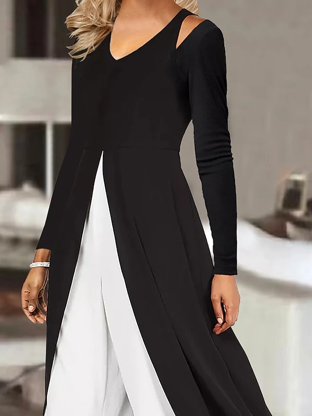 Women's Jumpsuit Solid Color V Neck Elegant Wedding Party Wide Leg Regular Fit Long Sleeve Black S M L All Seasons 2 Women's Jumpsuit Solid Color V Neck Elegant Wedding Party Wide Leg Regular Fit Long Sleeve Black S M L All Seasons - Image 2