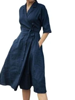 Women's Casual Dress Cotton Linen Dress Swing Dress Maxi Long Dress Cotton Blend Stylish Elegant Daily Holiday Vacation Shirt Collar Lace Up Pocket Half Sleeve Summer Spring 2022 Regular Fit Yellow -Cheap Plus Fit Dress Store flotrm1656585887414