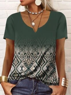 Women's T Shirt Tee Pink Blue Purple Geometric Print Short Sleeve Daily Weekend Vintage Tunic Ethnic V Neck Regular Fit Geometric Painting