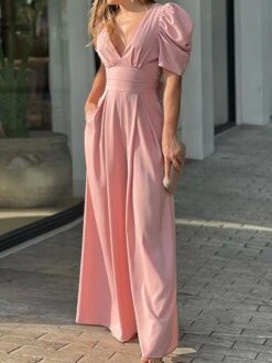 Women‘s Jumpsuit Backless Pocket Solid Color Pink Fall Winter V Neck Streetwear Party Work Regular Fit Short Sleeve Green S M L Spring