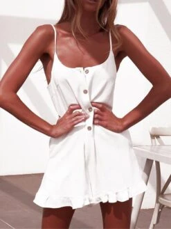 White Jumpsuits For Women Romper Ruffle Button Solid Color Crew Neck Streetwear Street Daily Regular Fit Spaghetti Strap Black Orange S M L Summer -Cheap Plus Fit Dress Store fmerhp1680073083059