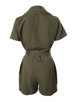 Women's Romper Belted Solid Color Shirt Collar Casual Work Daily Regular Fit Short Sleeve Army Green S M L Summer -Cheap Plus Fit Dress Store fmjyqe1681898310806