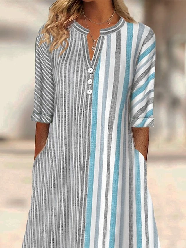 Women's Casual Dress Cotton Linen Dress Midi Dress Linen / Cotton Blend Fashion Modern Outdoor Daily Vacation Split Neck Button Pocket 3/4 Length Sleeve Summer Spring Fall 2023 Regular Fit Gray 2 Women's Casual Dress Cotton Linen Dress Midi Dress Linen / Cotton Blend Fashion Modern Outdoor Daily Vacation Split Neck Button Pocket 3/4 Length Sleeve Summer Spring Fall 2023 Regular Fit Gray - Image 2