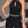 Jumpsuits For Women Summer Dressy Beaded Cut Out Solid Color Halter Neck Streetwear Street Daily Regular Fit Sleeveless Black S M L