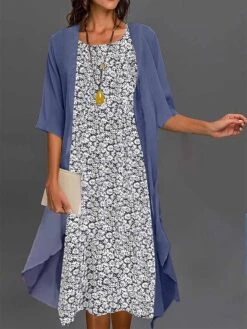 Women's Two Piece Dress Set Casual Dress Floral Dress Outdoor Daily Fashion Elegant Print Midi Dress Crew Neck 3/4 Length Sleeve Floral Regular Fit White Pink Blue Summer Spring S M L XL XXL -Cheap Plus Fit Dress Store fngzrl1683187006936