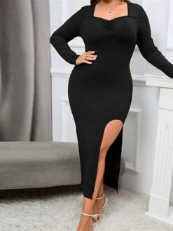 Women's Plus Size Curve Party Dress Winter Dress Black Dress Plain Midi Dress Long Sleeve Split V Neck Fashion Party Black Fall Winter XL XXL 3XL -Cheap Plus Fit Dress Store fnkmsk1694576130173