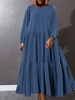 Women's Plus Size Curve Casual Dress Swing Dress A Line Dress Solid Color Long Dress Maxi Dress Long Sleeve Ruched Ruffle Crew Neck Basic Outdoor Black Blue Fall Winter L XL XXL 3XL 4XL -Cheap Plus Fit Dress Store fnmdyn1693446970803