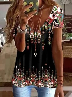 Women's T Shirt Tee Going Out Tops Pink Red Blue Geometric Print Short Sleeve Daily Weekend Tunic Basic V Neck Regular Fit Geometric Painting