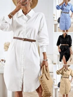 Women's Casual Dress Work Dress Shift Dress Mini Dress Outdoor Office Business Cotton Classic Modern Shirt Collar Button Pocket Long Sleeve Summer Spring Fall 2023 Loose Fit Black White Blue Pure -Cheap Plus Fit Dress Store foknuu1688542165452
