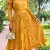Women's Two Piece Dress Set Party Dress Skirt Set Party Wedding Guest Fashion Party Pleated Ruffle Midi Dress Stand Collar Long Sleeve Plain Loose Fit White Yellow Red Fall Winter S M L XL XXL