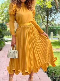 Women's Two Piece Dress Set Party Dress Skirt Set Party Wedding Guest Fashion Party Pleated Ruffle Midi Dress Stand Collar Long Sleeve Plain Loose Fit White Yellow Red Fall Winter S M L XL XXL