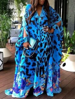 Women‘s Plus Size Curve Holiday Dress Print V Neck Print Long Sleeve Spring Fall Boho Stylish Maxi Long Dress Holiday Vacation Dress Loose Fit