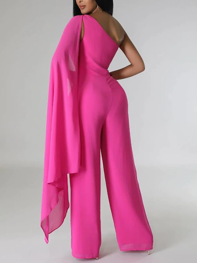Women‘s Jumpsuit Cape Solid Color One Shoulder Wedding Business Wedding Street Slim Sleeveless Orange Red Dark Pink S M L Fall 3 Women‘s Jumpsuit Cape Solid Color One Shoulder Wedding Business Wedding Street Slim Sleeveless Orange Red Dark Pink S M L Fall - Image 3