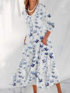 Women's Casual Dress Cotton Linen Dress Swing Dress Maxi Long Dress Polyester Fashion Casual Daily Outdoor Daily Vacation V Neck Pocket Print Long Sleeve Summer Spring Fall 2023 Loose Fit Light Green -Cheap Plus Fit Dress Store fqbtjm1690539144789