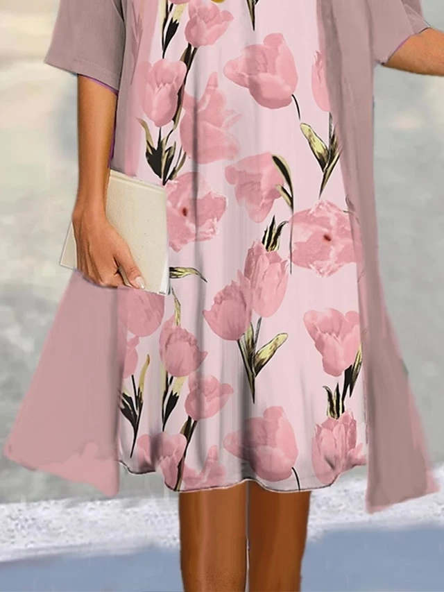 Women's Two Piece Dress Set Casual Dress Daily Vacation Modern Casual Print Midi Dress Crew Neck Half Sleeve Graphic Floral Loose Fit Pink Summer Spring S M L XL XXL 3 Women's Two Piece Dress Set Casual Dress Daily Vacation Modern Casual Print Midi Dress Crew Neck Half Sleeve Graphic Floral Loose Fit Pink Summer Spring S M L XL XXL - Image 3