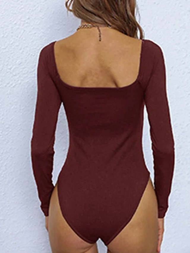 Women's Workout Bodysuit High Waist Solid Color Square Neck Streetwear Daily Going Out Regular Fit Long Sleeve Black Wine Navy Blue S M L Summer Fall Gym 19 Women's Workout Bodysuit High Waist Solid Color Square Neck Streetwear Daily Going Out Regular Fit Long Sleeve Black Wine Navy Blue S M L Summer Fall Gym - Image 19