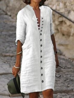 Women's Shirt Dress Casual Dress Cotton Linen Dress Midi Dress Cotton Blend Classic Modern Outdoor Daily Vacation Split Neck Button Half Sleeve Summer Spring Fall 2023 Loose Fit White Plain S M L XL