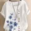 Women's Shirt Blouse White Pink Navy Blue Floral Button Print Short Sleeve Casual Holiday Basic Round Neck Regular Fit Floral