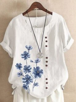 Women's Shirt Blouse White Pink Navy Blue Floral Button Print Short Sleeve Casual Holiday Basic Round Neck Regular Fit Floral