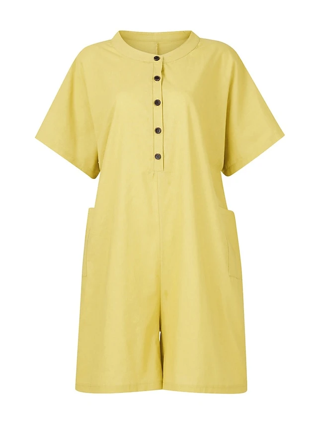 Women's Romper Button Solid Color Crew Neck Basic Street Daily Regular Fit Short Sleeve Black White Yellow S M L Summer 4 Women's Romper Button Solid Color Crew Neck Basic Street Daily Regular Fit Short Sleeve Black White Yellow S M L Summer - Image 4
