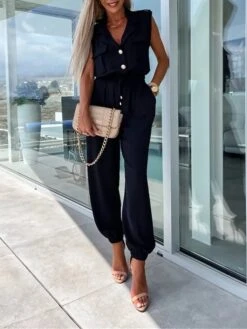 Women's Jumpsuit Button Pocket Solid Color Shirt Collar Streetwear Street Daily Regular Fit Short Sleeve Black White Green S M L Summer -Cheap Plus Fit Dress Store frtcec1688455480483