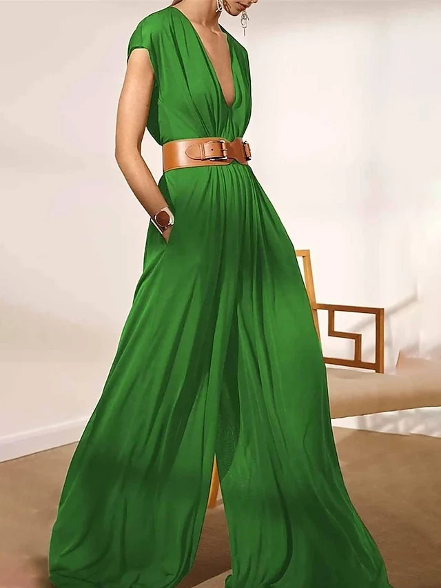 Women‘s Jumpsuit For Special Occasions Christmas Clean Fit Pocket Solid Color Deep V Wedding Holiday Xmas Street Daily Regular Fit Short Sleeve Black White Brown S M L Summer Without Belt 2 Women‘s Jumpsuit For Special Occasions Christmas Clean Fit Pocket Solid Color Deep V Wedding Holiday Xmas Street Daily Regular Fit Short Sleeve Black White Brown S M L Summer Without Belt - Image 2