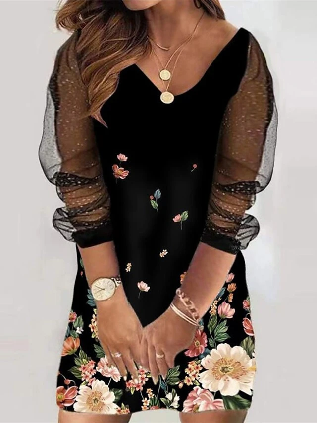 Women‘s Plus Size Curve Holiday Dress Floral V Neck Mesh Long Sleeve Fall Spring Casual Mini Dress Casual Daily DressSheath DressBlack DressPrint 4 Women‘s Plus Size Curve Holiday Dress Floral V Neck Mesh Long Sleeve Fall Spring Casual Mini Dress Casual Daily DressSheath DressBlack DressPrint - Image 4