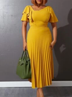 Women‘s Plus Size Curve Party Dress Solid Color V Neck Ruched Short Sleeve Fall Spring Work Prom Dress Maxi Long Dress Party Holiday Dress Ruffle -Cheap Plus Fit Dress Store fsgdzi1648636995250