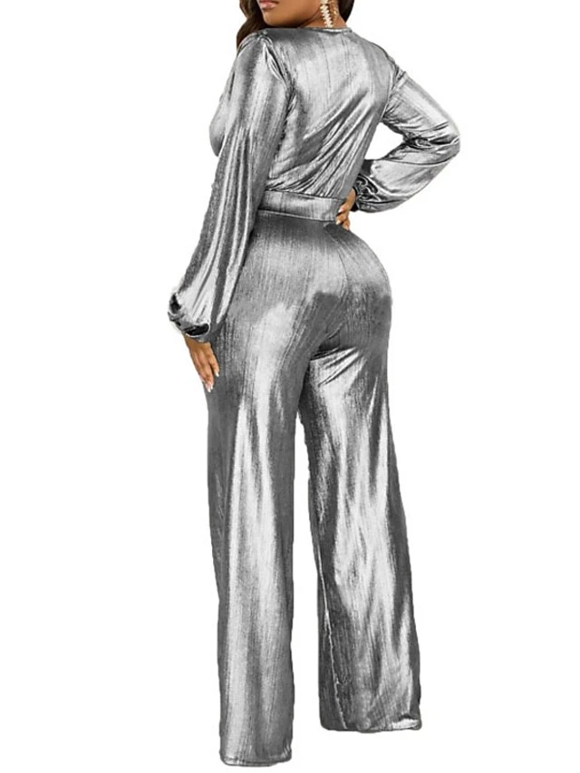 Women's Jumpsuit High Waist Maillard Sequin Solid Color V Neck Elegant Party Bar Regular Fit Long Sleeve Green Black Silver S M L Winter Cold Weather 4 Women's Jumpsuit High Waist Maillard Sequin Solid Color V Neck Elegant Party Bar Regular Fit Long Sleeve Green Black Silver S M L Winter Cold Weather - Image 4