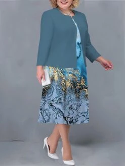 Women's Plus Size Curve Two Piece Dress Set Casual Dress Swing Dress Outdoor Office Fashion Streetwear Print Midi Dress Crew Neck Long Sleeve Ombre Marble Print Pink Dark Pink Royal Blue Fall -Cheap Plus Fit Dress Store fskqhh1692942155110