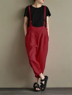 Women's Overall Pocket Solid Color U Neck Basic Daily Vacation Regular Fit Sleeveless Black Wine Khaki S M L Summer