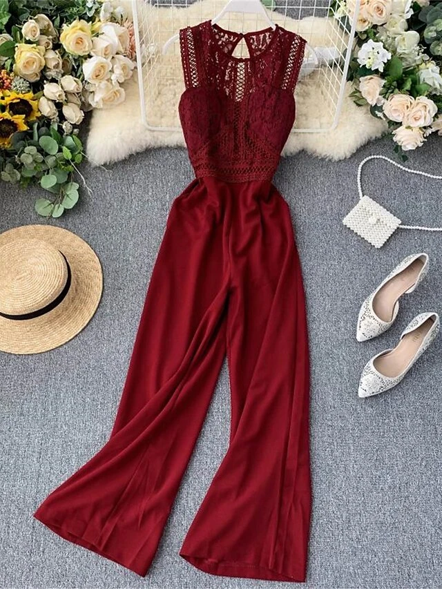 Women's Jumpsuit Lace Backless Solid Color Crew Neck Streetwear Street Going Out Regular Fit Sleeveless Black Yellow Wine One-Size Summer 10 Women's Jumpsuit Lace Backless Solid Color Crew Neck Streetwear Street Going Out Regular Fit Sleeveless Black Yellow Wine One-Size Summer - Image 10