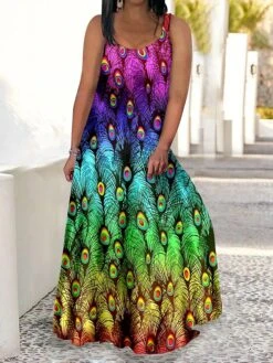Women‘s Plus Size Curve Casual Dress Swing Dress Strap Dress Peacock Feather Long Dress Maxi Dress Sleeveless Print Strap Romantic Daily Deep Green Multicolor Summer Spring L XL XXL 3XL 4XL -Cheap Plus Fit Dress Store ftania1679902260913