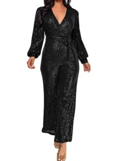 Women's Jumpsuit Lace Up Patchwork Solid Color V Neck Streetwear Party Street Regular Fit Long Sleeve Claret Champagne Gold Silver White S M L Fall