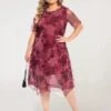 Women's Plus Size Party Dress Cocktail Dress Wedding Guest Dress Midi Dress Wine Blue Short Sleeve Floral Mesh Summer Spring Fall Crew Neck Fashion Wedding Guest Vacation Summer Dress 2023 L XL XXL