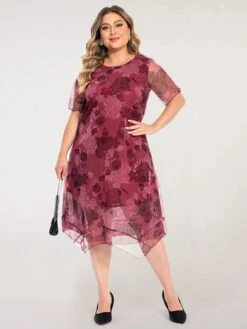 Women's Plus Size Party Dress Cocktail Dress Wedding Guest Dress Midi Dress Wine Blue Short Sleeve Floral Mesh Summer Spring Fall Crew Neck Fashion Wedding Guest Vacation Summer Dress 2023 L XL XXL