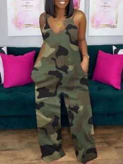 Women's Jumpsuit Print V Neck Streetwear Daily Vacation Wide Leg Regular Fit Spaghetti Strap Camouflage Blue Camouflage Burgundy Camouflage Grey S M L Spring / Plus Size