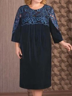Women‘s Plus Size Curve Work Dress Shift Dress Leaf Color Block Midi Dress 3/4 Length Sleeve Lace Crew Neck Fashion Office Dark Blue Summer Spring L XL XXL 3XL 4XL