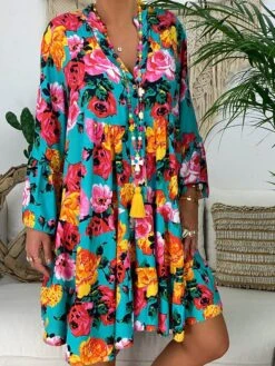 Women‘s Plus Size Curve Casual Dress Floral V Neck Print Long Sleeve Fall Spring Casual Short Mini Dress Daily Vacation Dress -Cheap Plus Fit Dress Store fuhgpw1660643936764