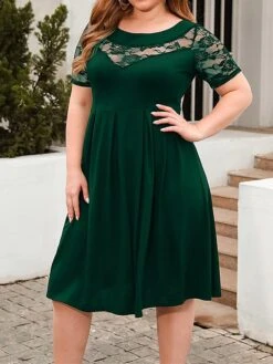 Women's Plus Size Curve Party Dress Lace Dress Semi Formal Dress Solid Color Midi Dress Short Sleeve Lace Crew Neck Fashion Party ArmyGreen Black Fall Winter XL XXL 3XL 4XL -Cheap Plus Fit Dress Store fusmla1695813613775